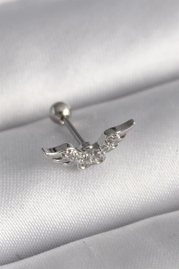 316l Çelik Gümüş Renk Zirkon Taş Detay Kanat Model Tragus Piercing