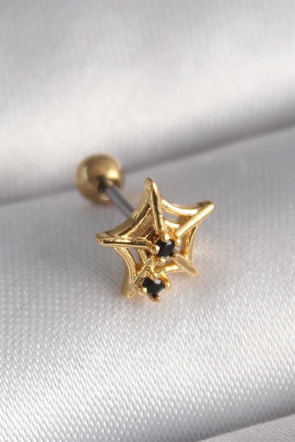 316l Çelik Gold Renk Siyah Zirkon Taş Detay Örümcek Ağ Model Tragus Piercing