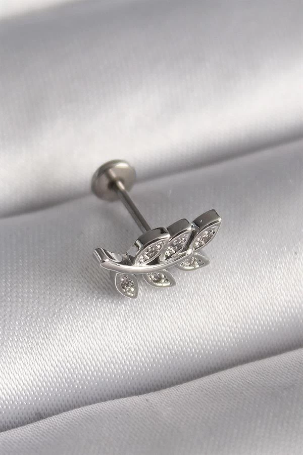 316l Çelik Gümüş Renk Dal Model Zirkon Taş Detaylı Tragus Piercing