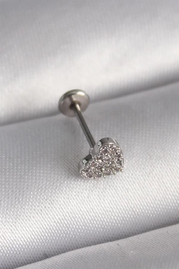 316l Çelik Gümüş Renk Zirkon Taşlı Kalp Model Tragus Piercing