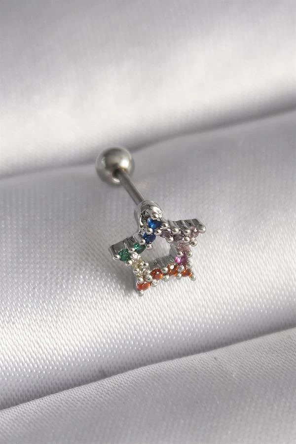 316l Çelik Gümüş Renk Renkli Zirkon Taşlı Yıldız Model Tragus Piercing