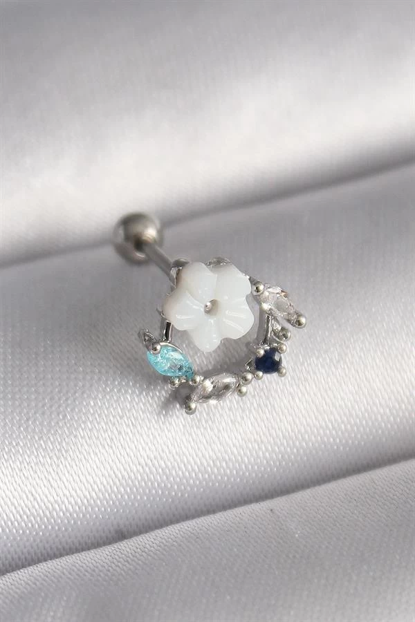 316l Çelik Gümüş Renk Zirkon Taş Detay Beyaz Çiçek Model Tragus Piercing