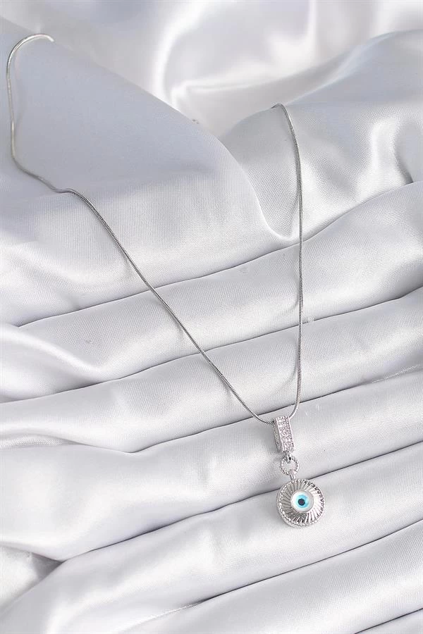 316l Çelik Gümüş Renk Zirkon Taşlı Nazar Boncuk Model Kadın Kolye