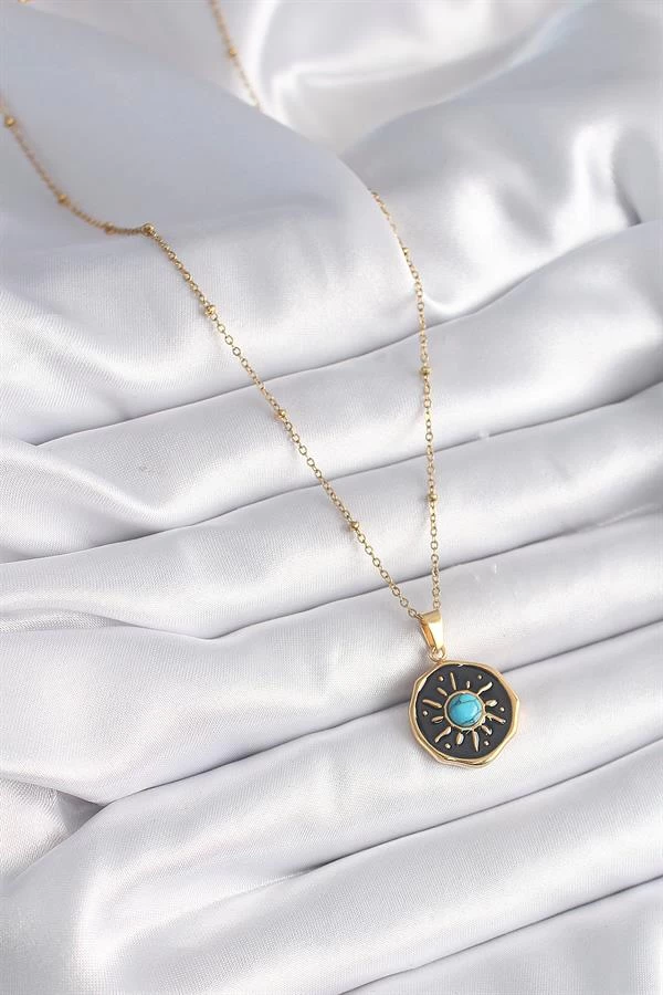316l Çelik Gold Renk Mavi Boncuk Güneş İşleme Madalyon Model Kadın Kolye