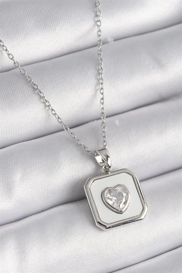 316l Çelik Gümüş Renk Kare Madalyon Kalp Zirkon Taş İşleme Kadın Kolye