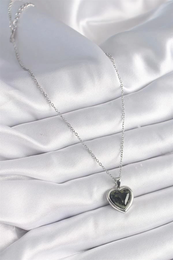 316l Çelik Gümüş Renk Yeşil Mineli Kalp Model Kadın Kolye