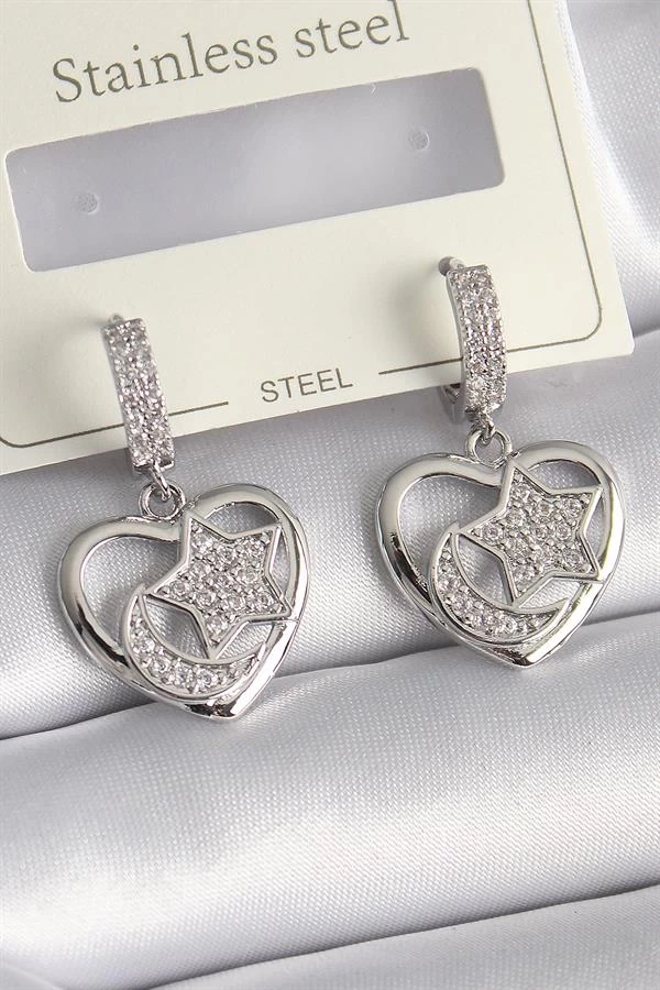 Pirinç Gümüş Renk Kalp Model Zirkon Taşlı Ay Yıldız İşlemeli Kadın Küpe