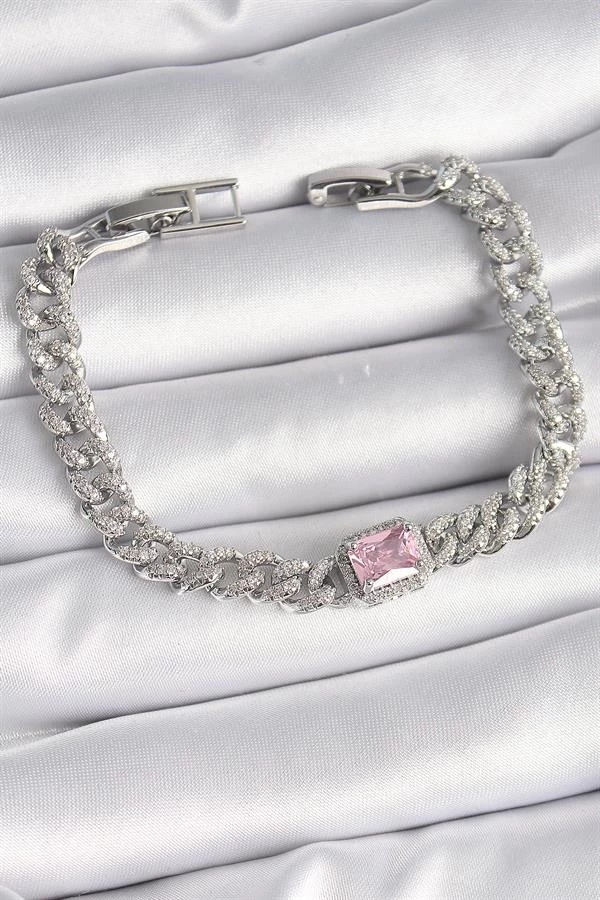 Pirinç Gümüş Renk Pembe Kare Zirkon Taşlı Vip Seri Kadın Bileklik