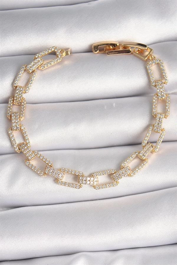 Pirinç Gold Renk Zirkon Taşlı Zincir Model Vip Seri Kadın Bileklik