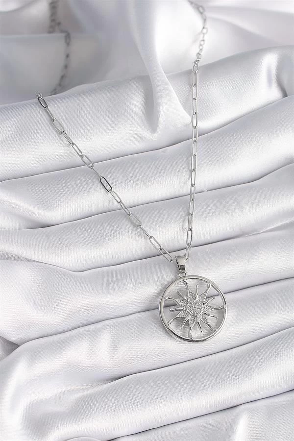 316l Çelik Gümüş Renk Zirkon Taşlı Güneş Madalyon Model Kadın Kolye