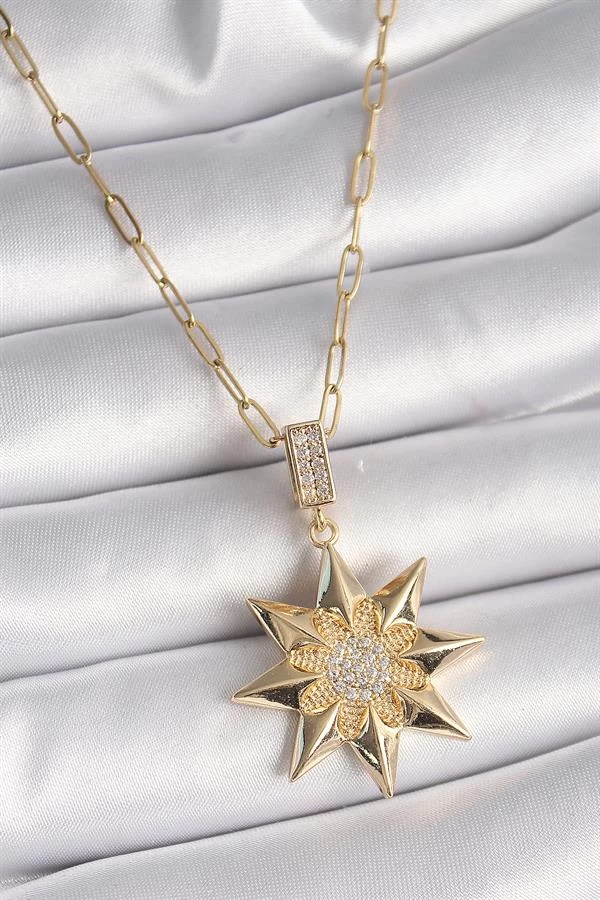 316l Çelik Gold Renk Zirkon Taşlı Kutup Yıldızı Model Kadın Kolye