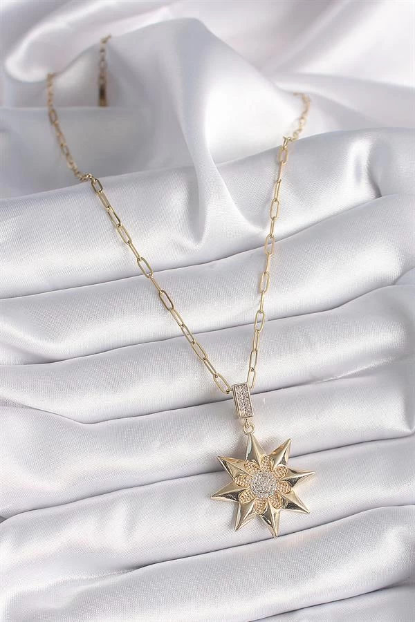 316l Çelik Gold Renk Zirkon Taşlı Kutup Yıldızı Model Kadın Kolye