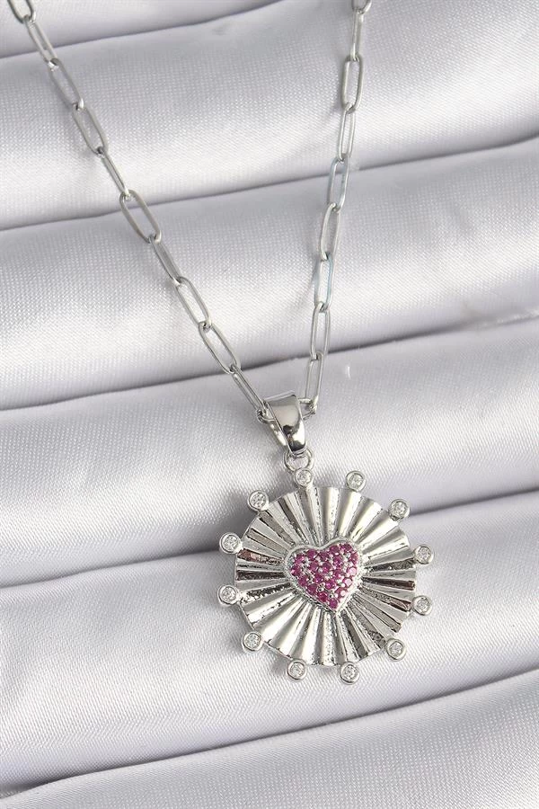 316l Çelik Gümüş Renk Pembe Zirkon Taşlı Kalp İşleme Madalyon Model Kadın Kolye