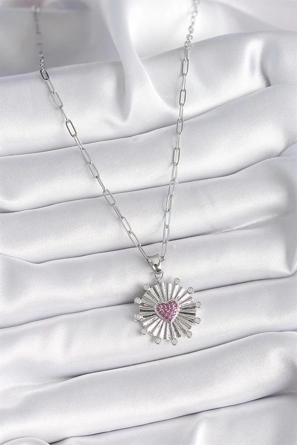 316l Çelik Gümüş Renk Pembe Zirkon Taşlı Kalp İşleme Madalyon Model Kadın Kolye