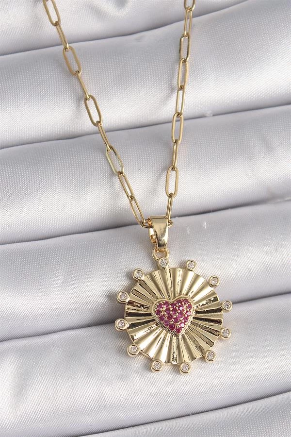 316l Çelik Gold Renk Pembe Zirkon Taşlı Kalp İşleme Madalyon Model Kadın Kolye