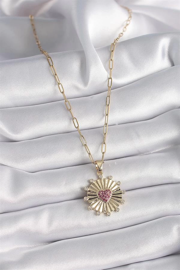 316l Çelik Gold Renk Pembe Zirkon Taşlı Kalp İşleme Madalyon Model Kadın Kolye