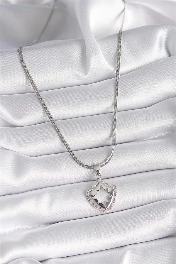 316l Çelik Gümüş Renk İtalyan Zincir Zirkon Taşlı Kutup Yıldızı İşleme Model Kadın Kolye