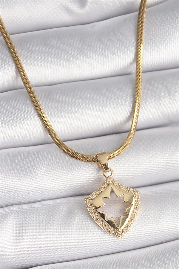 316l Çelik Gold Renk İtalyan Zincir Zirkon Taşlı Kutup Yıldız İşleme Kadın Kolye