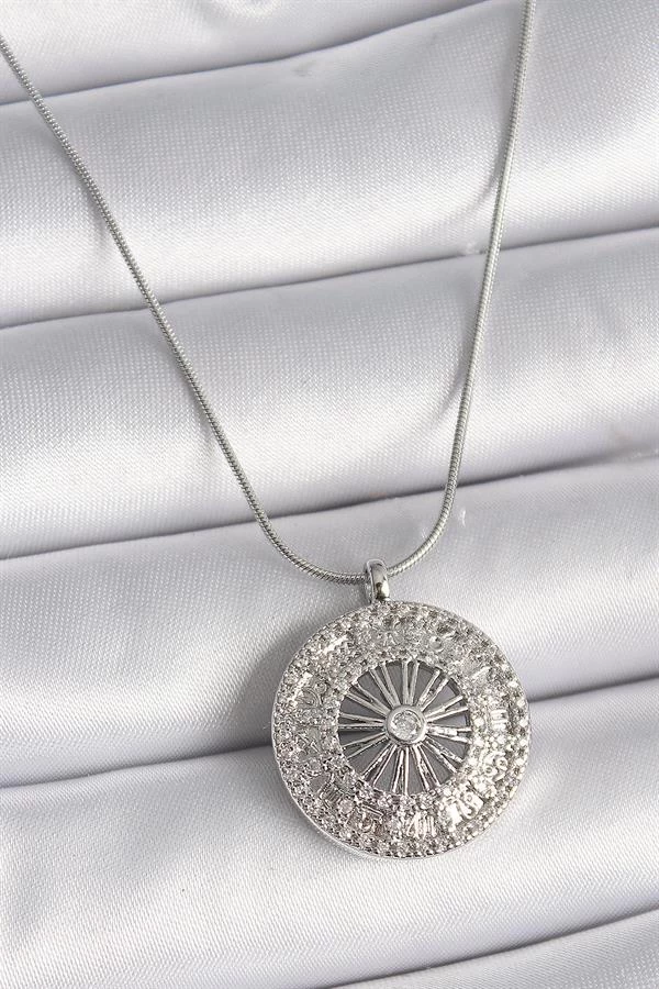 316l Çelik Gümüş Renk Zirkon Taşlı 12 Burç Madalyon Model Kadın Kolye