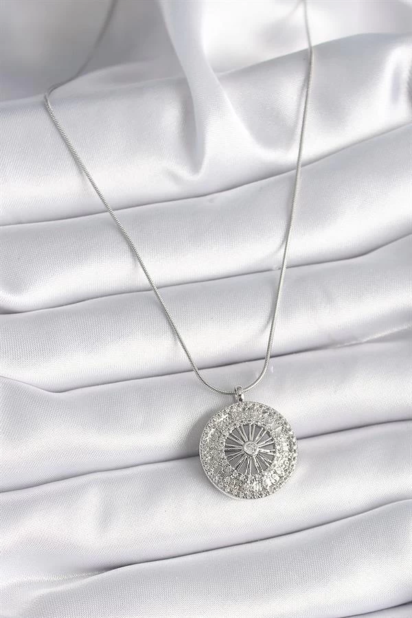 316l Çelik Gümüş Renk Zirkon Taşlı 12 Burç Madalyon Model Kadın Kolye