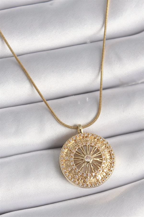 316l Çelik Gold Renk Zirkon Taşlı 12 Burç Madalyon Model Kadın Kolye
