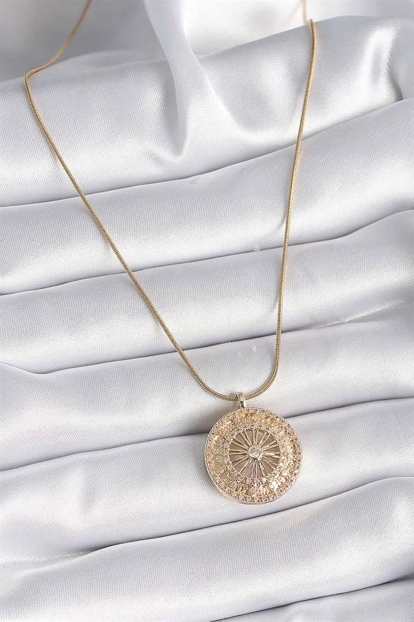 316l Çelik Gold Renk Zirkon Taşlı 12 Burç Madalyon Model Kadın Kolye