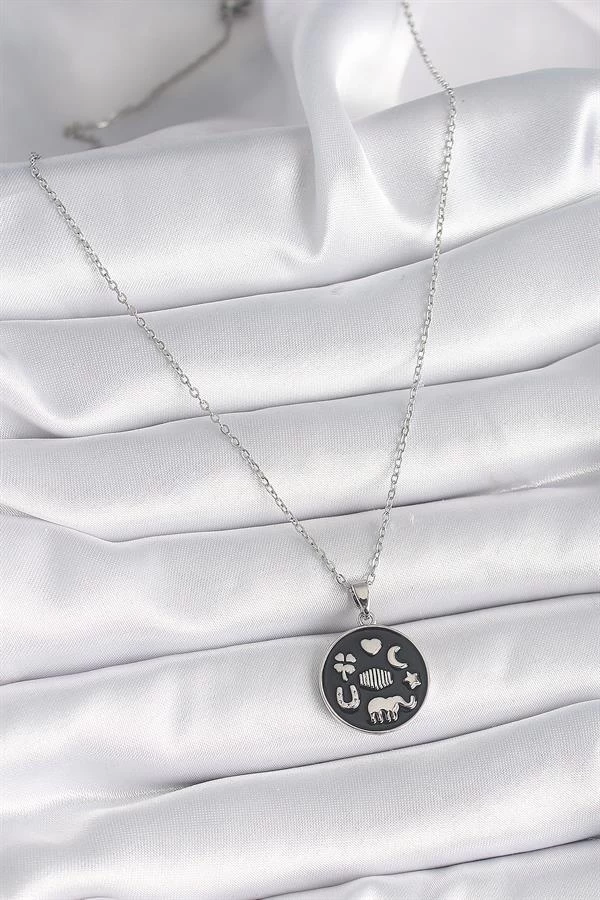 316l Çelik Gümüş Renk Siyah Renk Şans Kolyesi