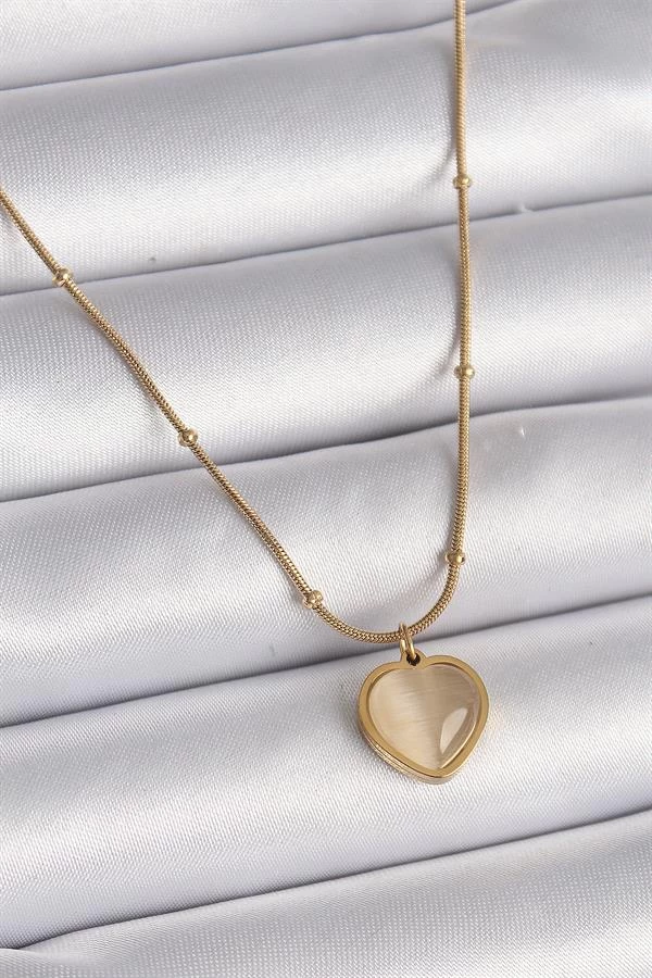 316l Çelik Gold Renk Kedi Gözü Sedefli Kalp Model Kadın Kolye