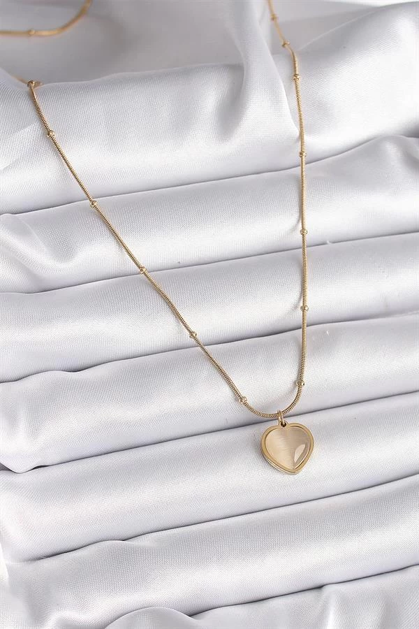 316l Çelik Gold Renk Kedi Gözü Sedefli Kalp Model Kadın Kolye