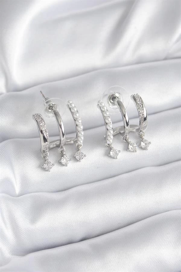 Pirinç Gümüş Renk Zirkon Taş Detay İncili Kadın Küpe