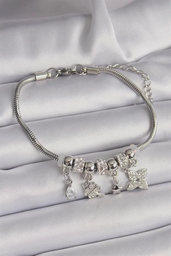 316l Çelik Gümüş Renk Zincir Sallantı Zirkon Taşlı Yonca Figür Charm Bileklik