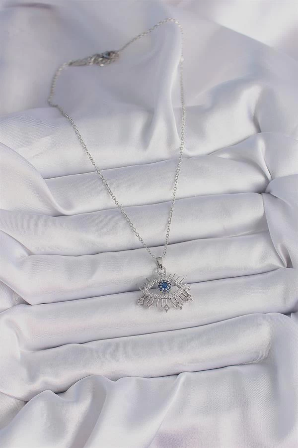 316l Çelik Gümüş Renk Zincir Zirkon Taşlı Göz Model Kadın Kolye