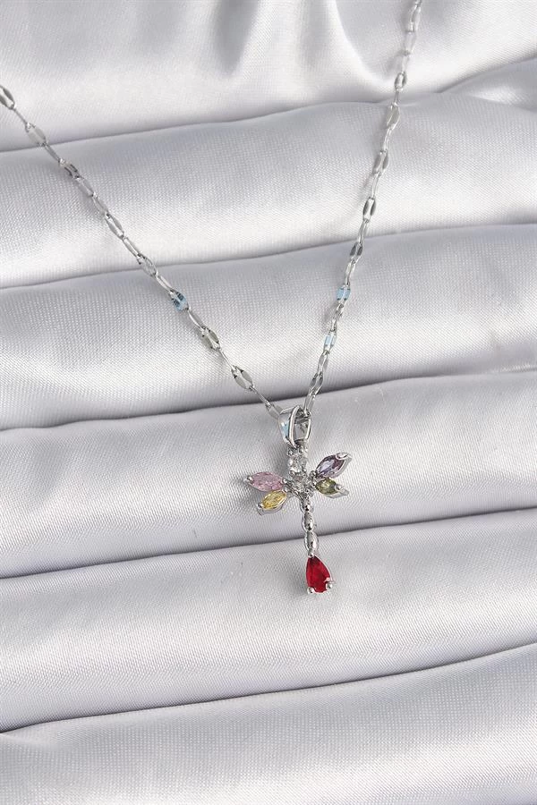 316l Çelik Gümüş Renk Zincir Renkli Zirkon Taşlı Yusufçuk Model Kadın Kolye