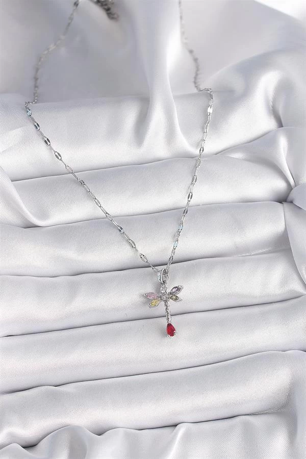 316l Çelik Gümüş Renk Zincir Renkli Zirkon Taşlı Yusufçuk Model Kadın Kolye