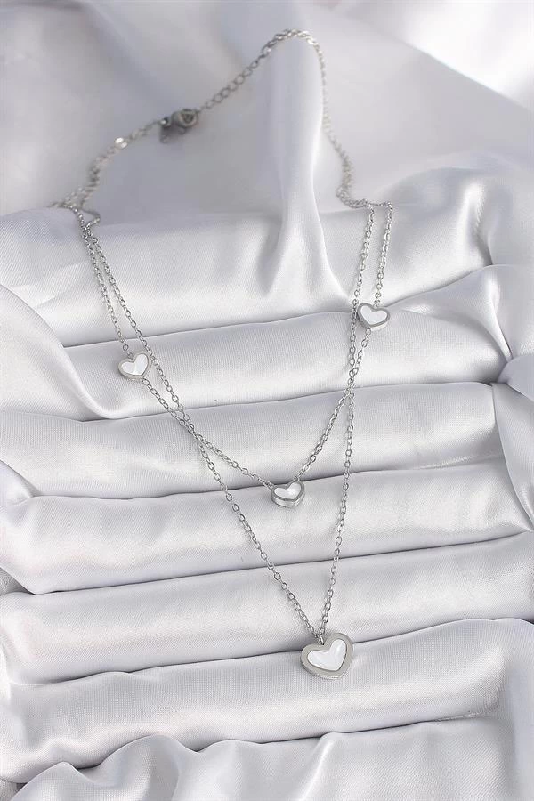 316l Çelik Gümüş Renk Zincir 2'li Zincir Kalp Model Kadın Kolye