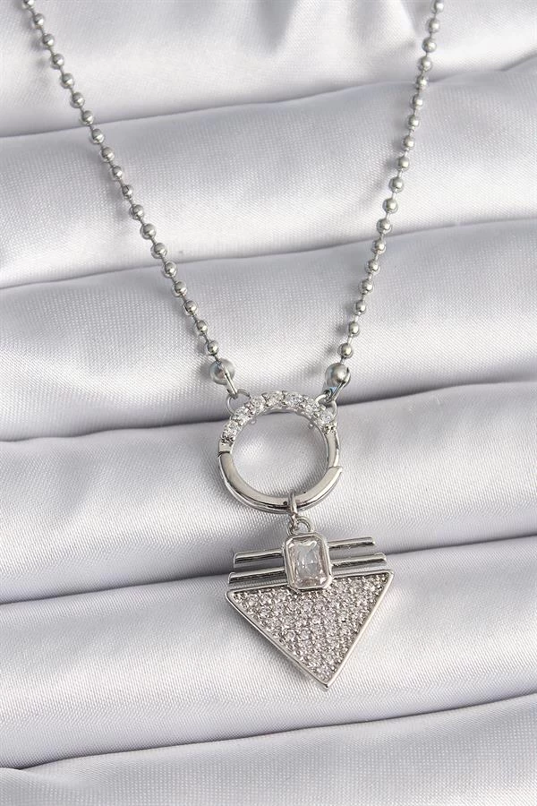 316l Çelik Gümüş Renk Topçuk Zincir Zirkon Taşlı Üçgen Model Kadın Kolye