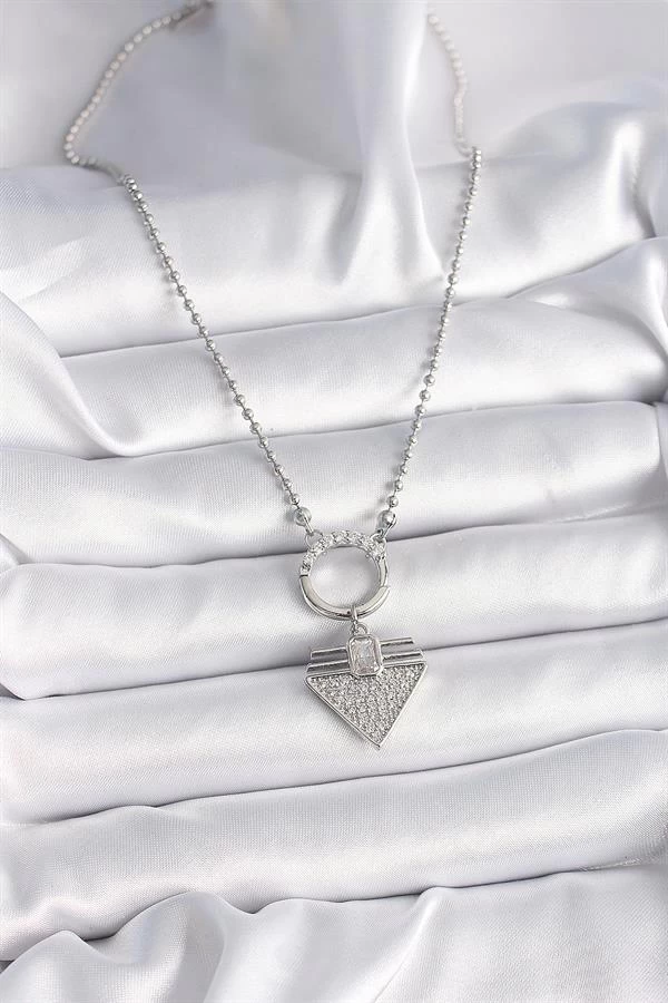 316l Çelik Gümüş Renk Topçuk Zincir Zirkon Taşlı Üçgen Model Kadın Kolye