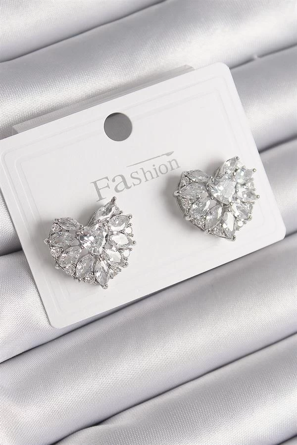 Pirinç Gümüş Renk Zirkon Taşlı Kalp Model Kadın Küpe