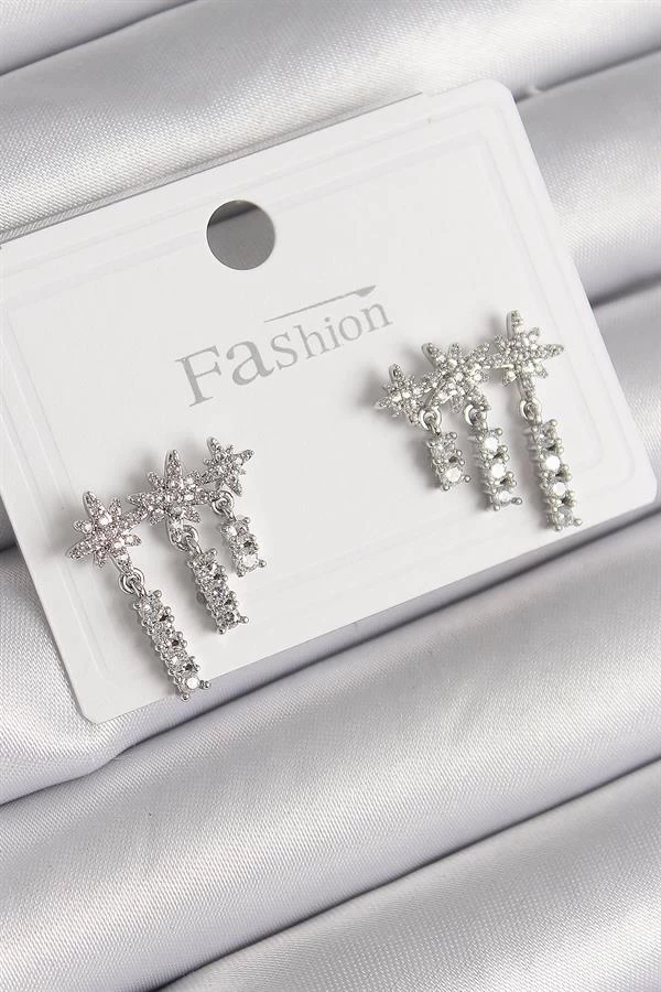 Pirinç Gümüş Renk Zirkon Taşlı 3'lü Sallantı Yıldız Model Kadın Küpe