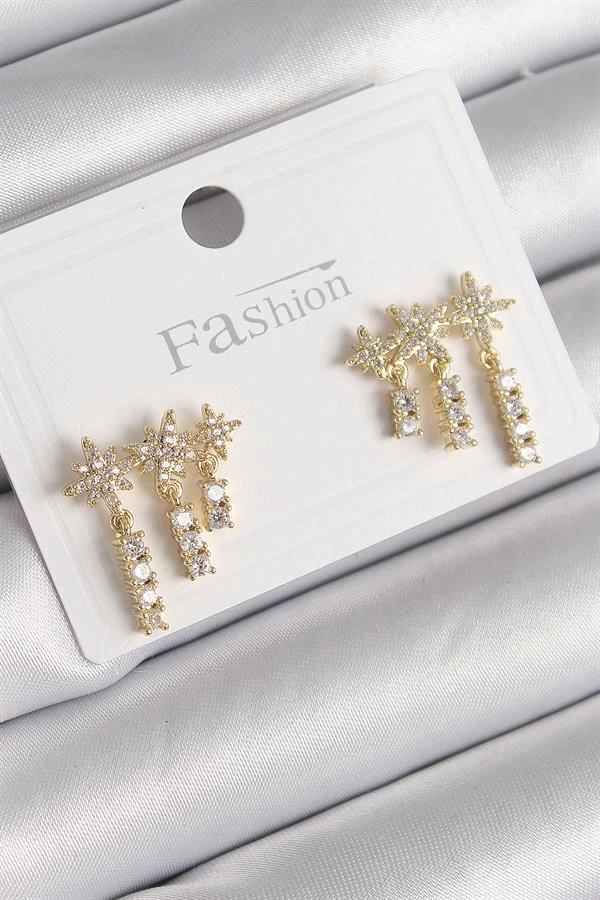 Pirinç Gold Renk Zirkon Taşlı 3'lü Sallantı Yıldız Model Kadın Küpe