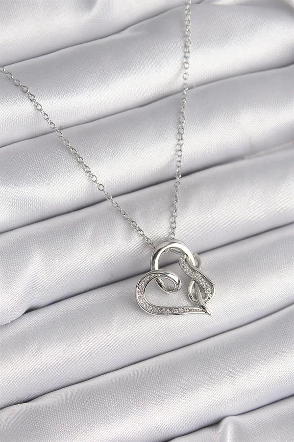 316l Çelik Gümüş Renk Zincir Zirkon Taş Detaylı Kalp Model Sonsuzluk Detay Kadın Kolye
