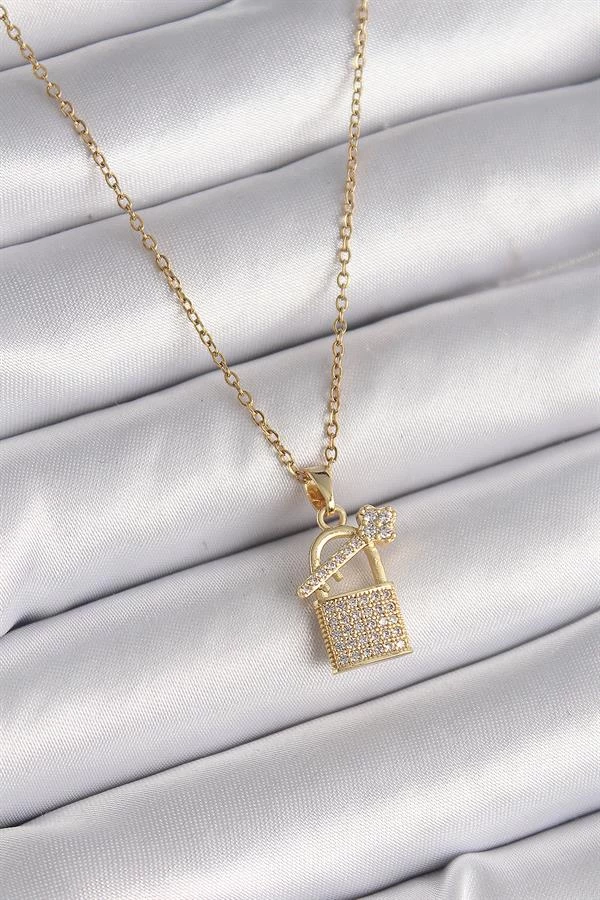 316l Çelik Gold Renk Zincir Zirkon Taşlı Asma Kilit Anahtar Model Kadın Kolye