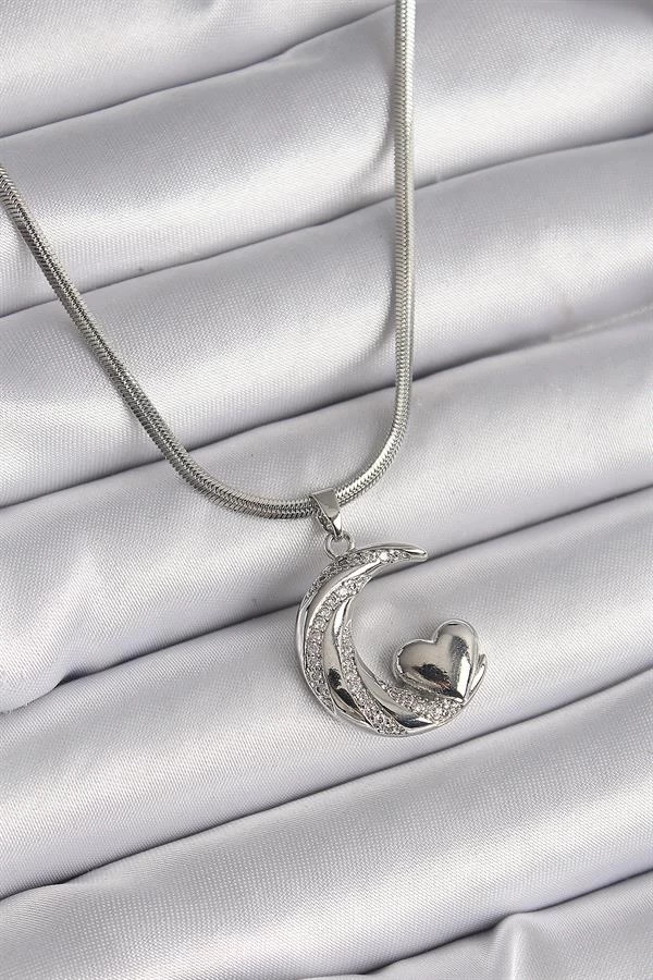 316l Çelik Gümüş Renk İtalyan Zincir Zirkon Taşlı Halil Figür Kalp Detay Kadın Kolye