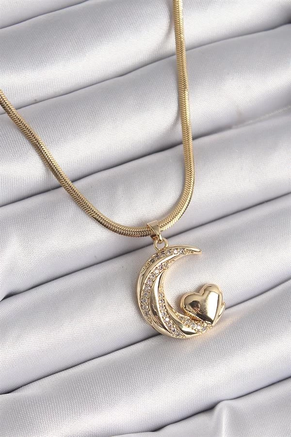 316l Çelik Gold Renk Çelik İtalyan Zincir Zirkon Taşlı Halil Figür Kalp Detay Kadın Kolye