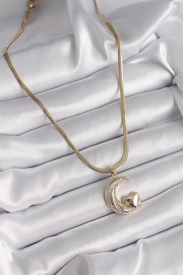 316l Çelik Gold Renk Çelik İtalyan Zincir Zirkon Taşlı Halil Figür Kalp Detay Kadın Kolye