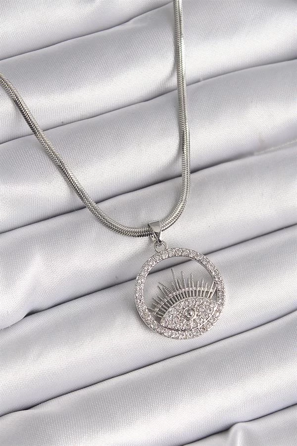 316l Çelik Gümüş Renk İtalyan Zincir Zirkon Taşlı Göz Model Kadın Kolye