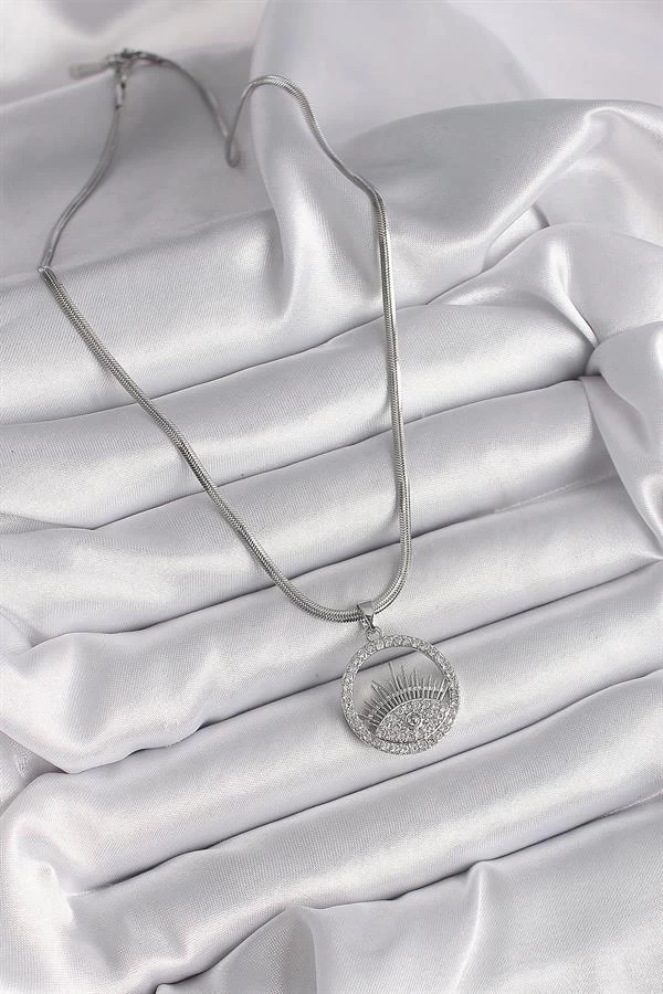 316l Çelik Gümüş Renk İtalyan Zincir Zirkon Taşlı Göz Model Kadın Kolye