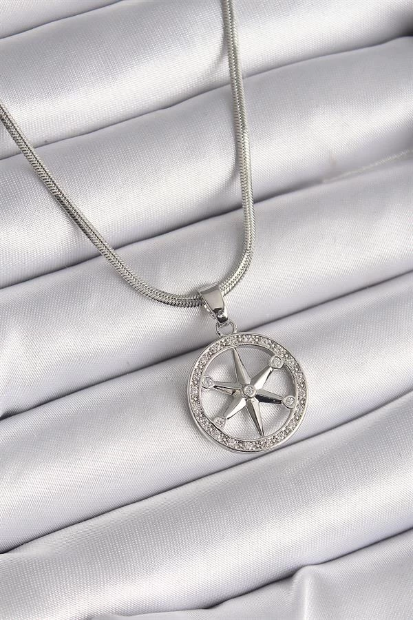 316l Çelik Gümüş Renk İtalyan Zincir Zirkon Taşlı Kutup Yıldız Model Kadın Kolye