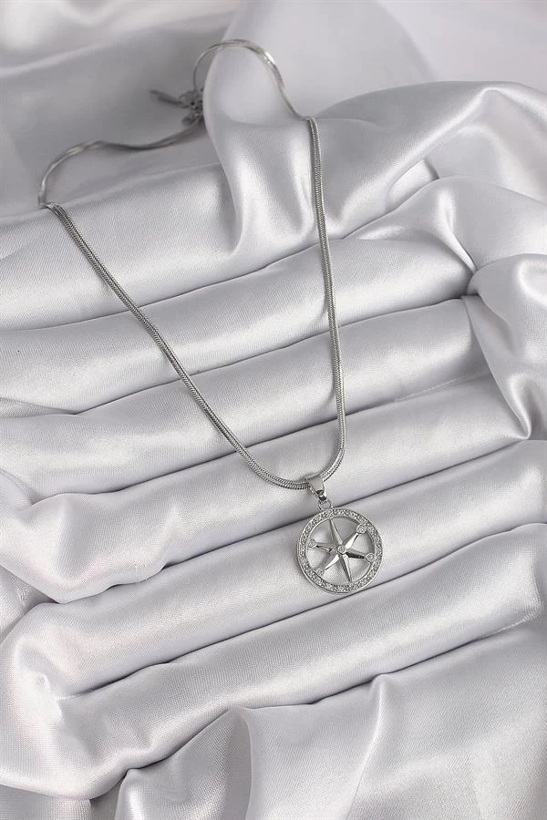 316l Çelik Gümüş Renk İtalyan Zincir Zirkon Taşlı Kutup Yıldız Model Kadın Kolye