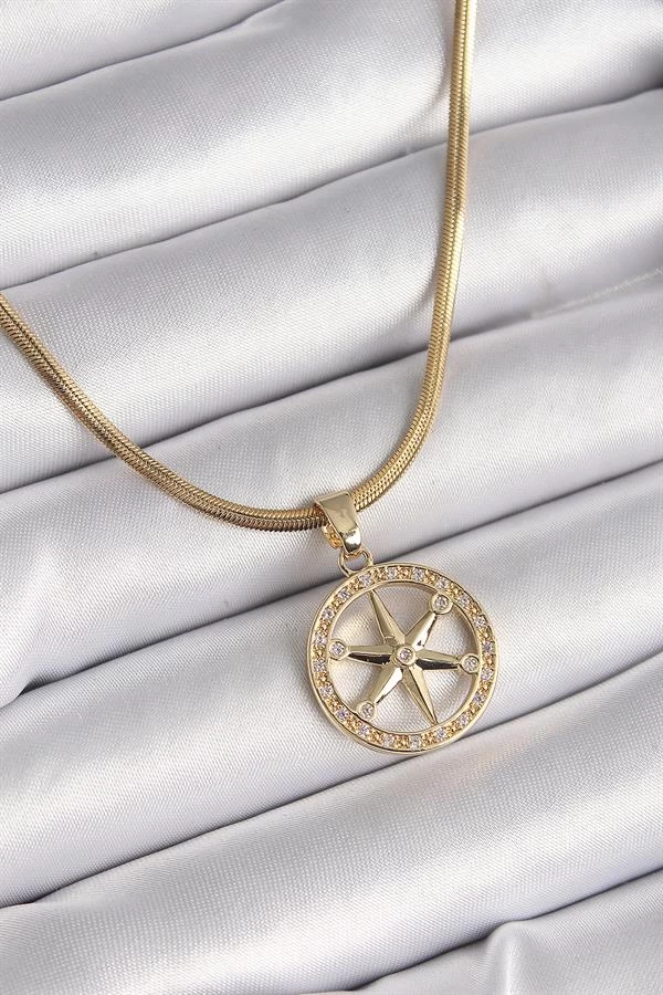 316l Çelik Gold Renk İtalyan Zincir Zirkon Taşlı Kutup Yıldız Model Kadın Kolye